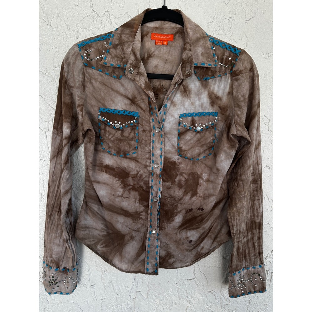 Paradigm Brown Tie Dye Western Snap Shirt Rhinestone Cowboy Boot Turquoise XS